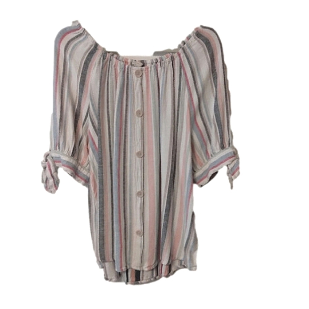 𝅺EST. 1948 Linen Blend‎ Barcode Stripe Short Tie Sleeve Button Front Top 18/20W